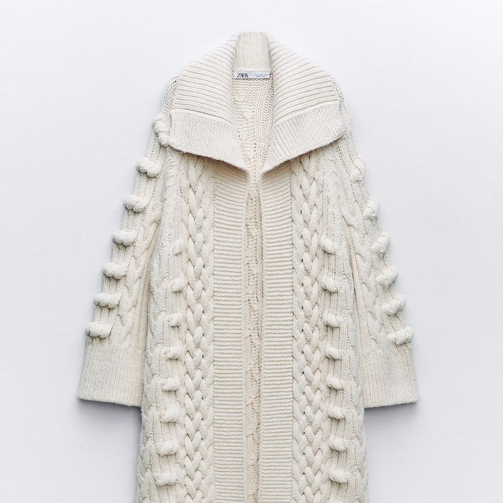 Zara Womens Cream Texturef Cable Knit Sweater/coat